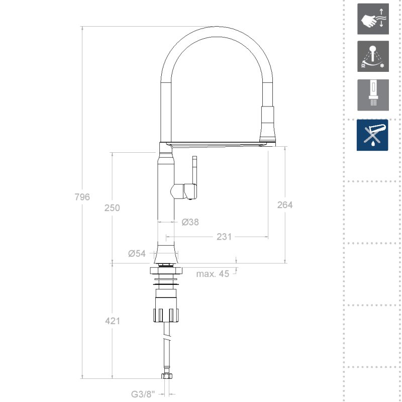 ССмеситель высокий для кухни однорычажный с магнитным держателем и гибким изливом KITCHEN MAGNET 386801MACU медь