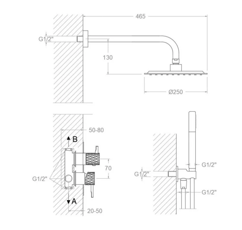 Встраиваемая душевая система с тропическим душем и душевым комплектом ODISEA JOYA K5915121OC золото брашированное