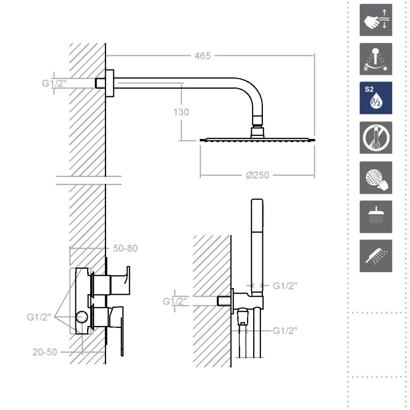 Встраиваемая душевая система с тропическим душем и душевым комплектом TZAR K3415021OC золото брашированное