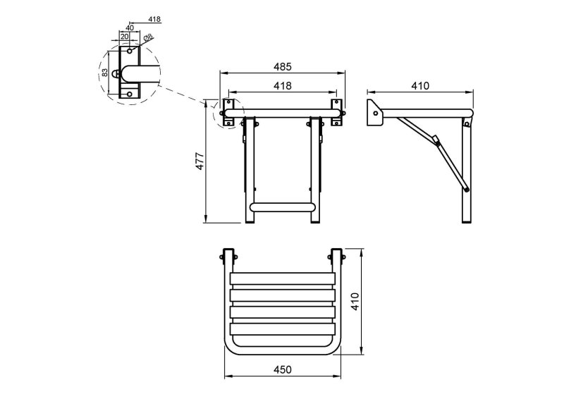 Сиденье для душа с двумя ножками для дополнительной опоры из нержавеющей стали Nofer  15045.S