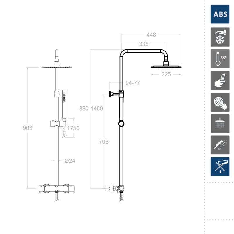 Душевая термостатическая система наружнего монтажа с телескопическим тропическим душем и душевым комплектом из ABS-пластика  DRAKO 335402RPK225