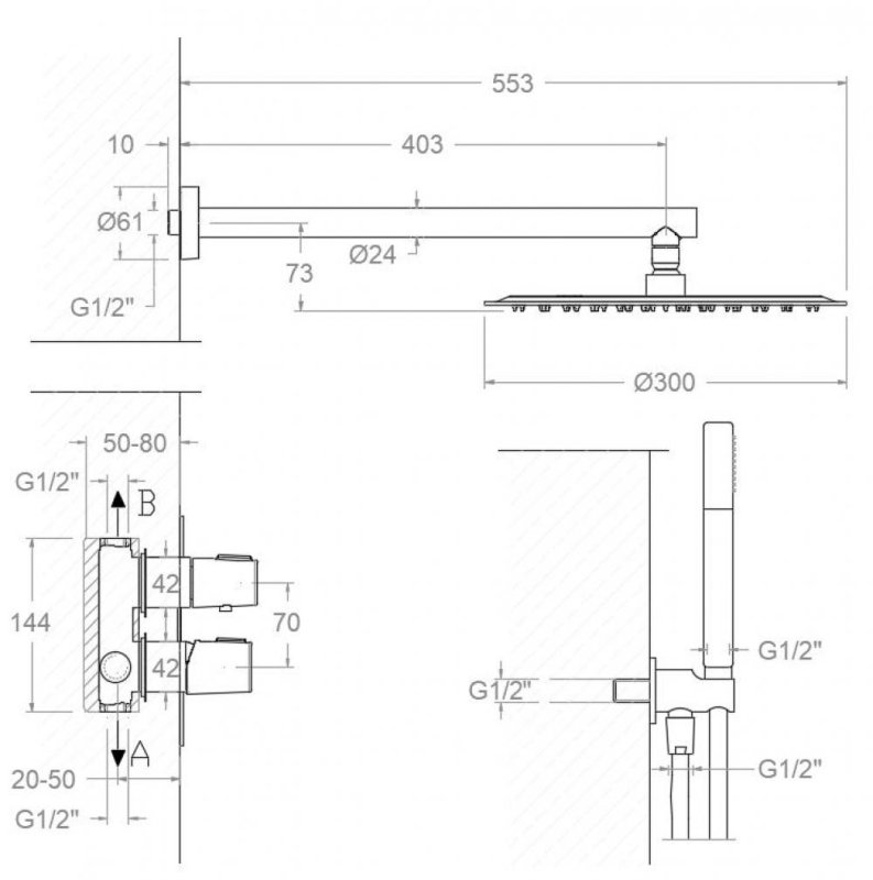 Встраиваемый смеситель для душа с тропическим и ручным душем TZAR K3415022