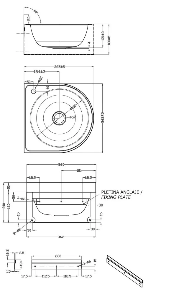 Умывальник пристенный полукруглый 210х362х365 Nofer 13061.S
