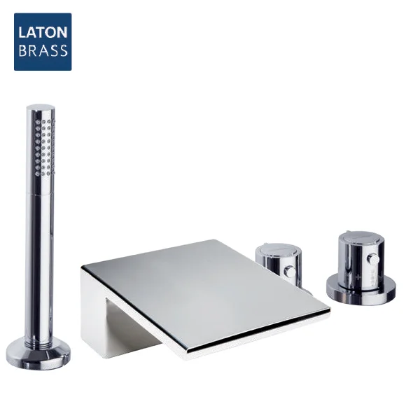 Термостатический смеситель на борт ванны однорычажный с каскадным изливом и душевым комлектом  TZAR 343303TSCAM