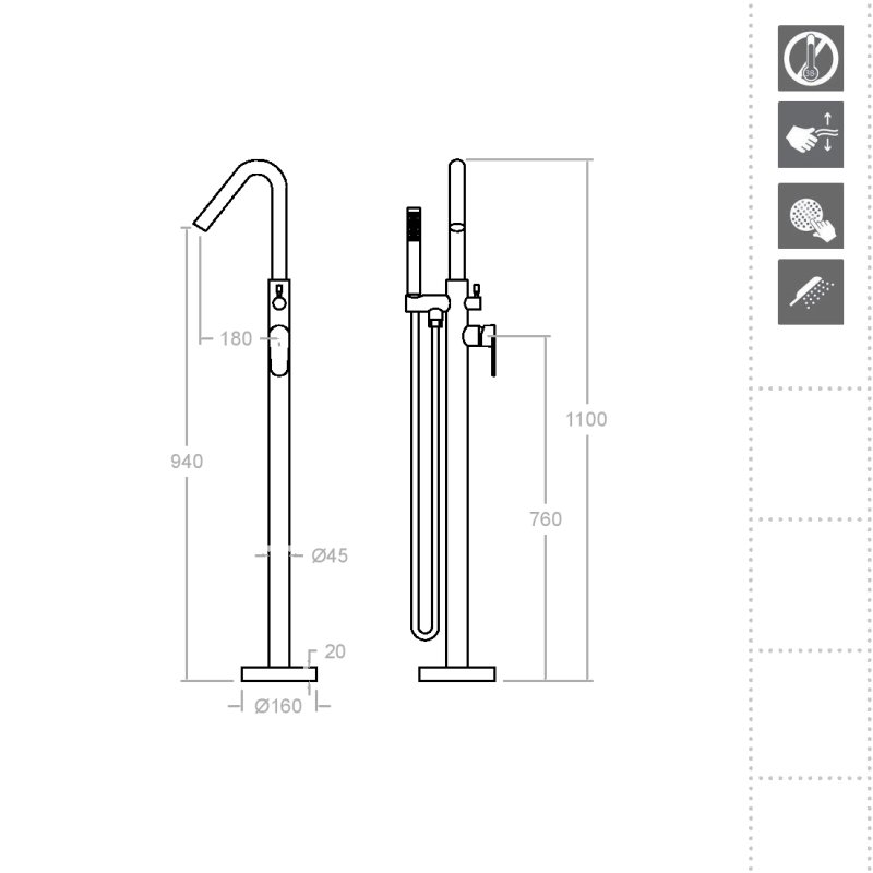 Напольный смеситель для ванны однорычажный с душевым комплектом ALEXIA 368503DNM Черный