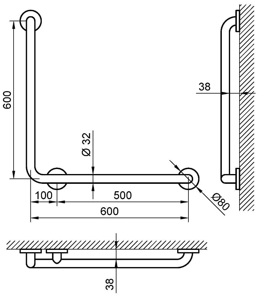 Поручень настенный под углом 90* для людей с ограниченными возможностями, матовый Nofer 15060.S