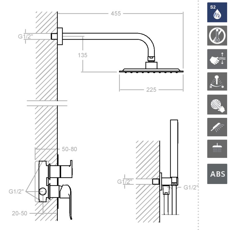 Встраиваемая душевая система с тропическим душем и душевым комплектом NEW FLY K5715021NM Черный