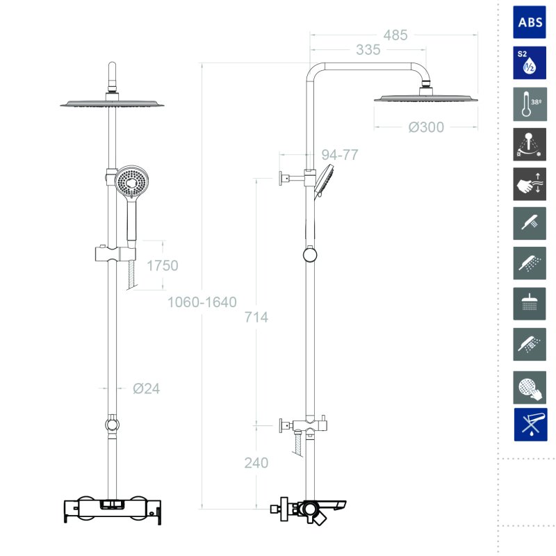 Душевая система наружнего монтажа с телескопическим тропическим душем и душевым комплектом, с изливом BLAUTHERM 935602RP300
