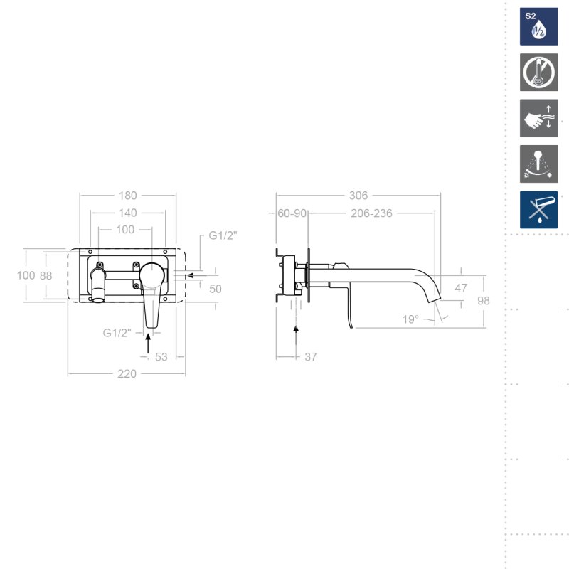 Встраиваемый однорычажный смеситель для раковины на цельной пластине с длинным изливом 240 мм YPSILON PLUS 642003