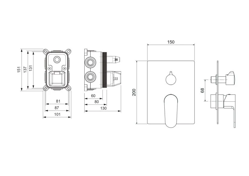 AQ1247BG ОБЕРОН смеситель для ванны 3 режима (внешняя и скрытая часть), шлиф. золото