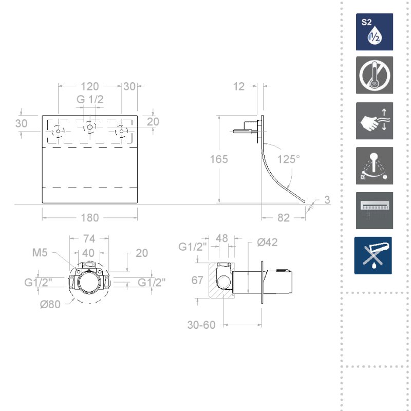 Встраиваемый однорычажный смеситель для раковины на раздельных пластинах с каскадным изливом 140 мм TZAR 341691