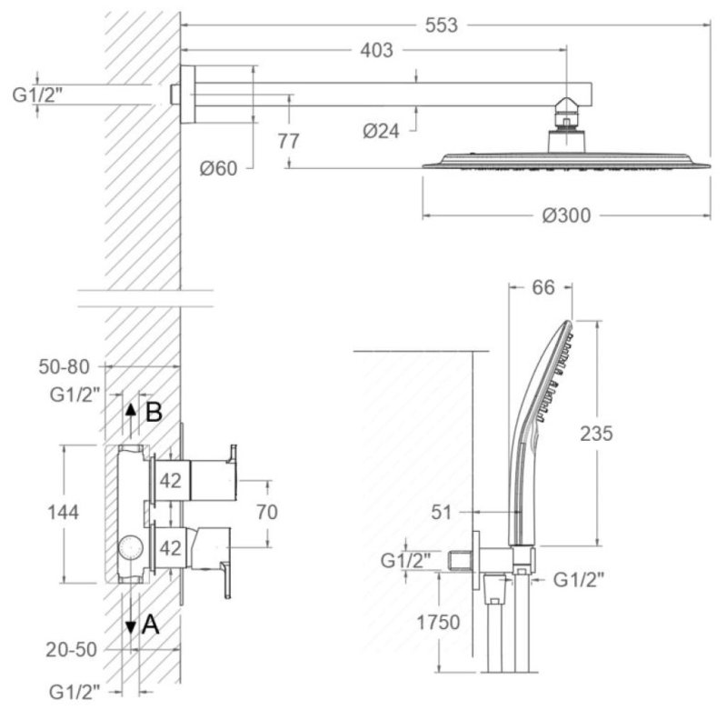 Душевая термостатическая система без излива с регулировкой высоты BLAUTHERM 941512RP300OC  золото