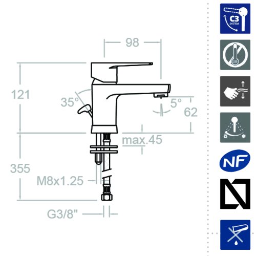 Смеситель для раковины однорычажный с прогрессивным картриджем TITANIUM 1891 (S)