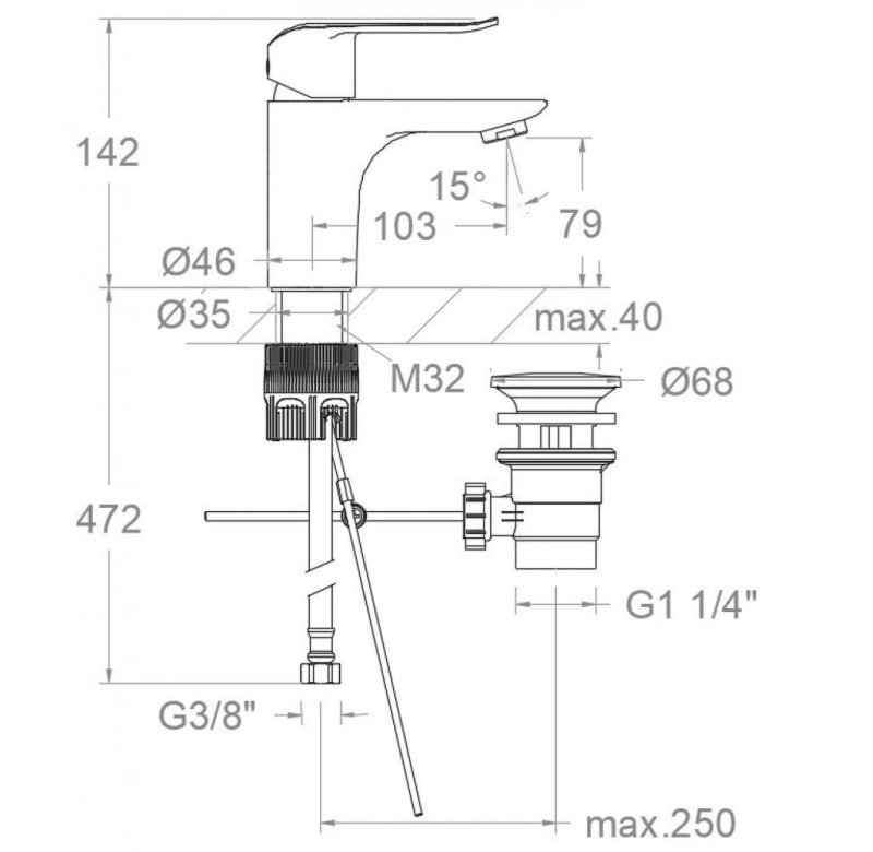 Смеситель для раковины с холодным открытием и донным клапаном YPSILON PLUS 649111VA9065