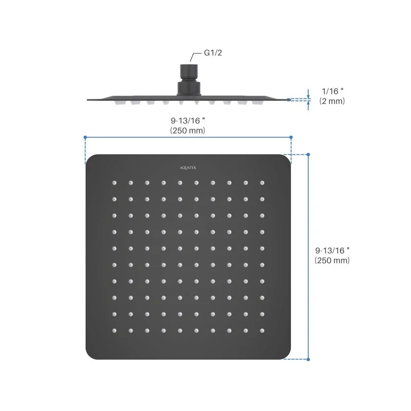Квадратный верхний душ  250*250*2 мм AQUATEK, матовый черный AQ2072MB