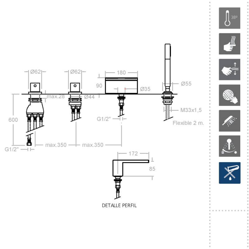 Термостатический смеситель на борт ванны однорычажный с изливом и душевым комлектом ALEXIA 363303TM