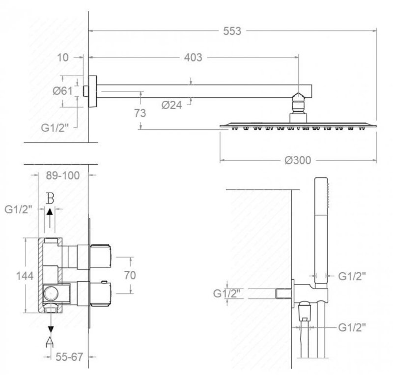 Встраиваемый термостатический смеситель для душа с тропическим и ручным душем URBAN CHIC K2187012