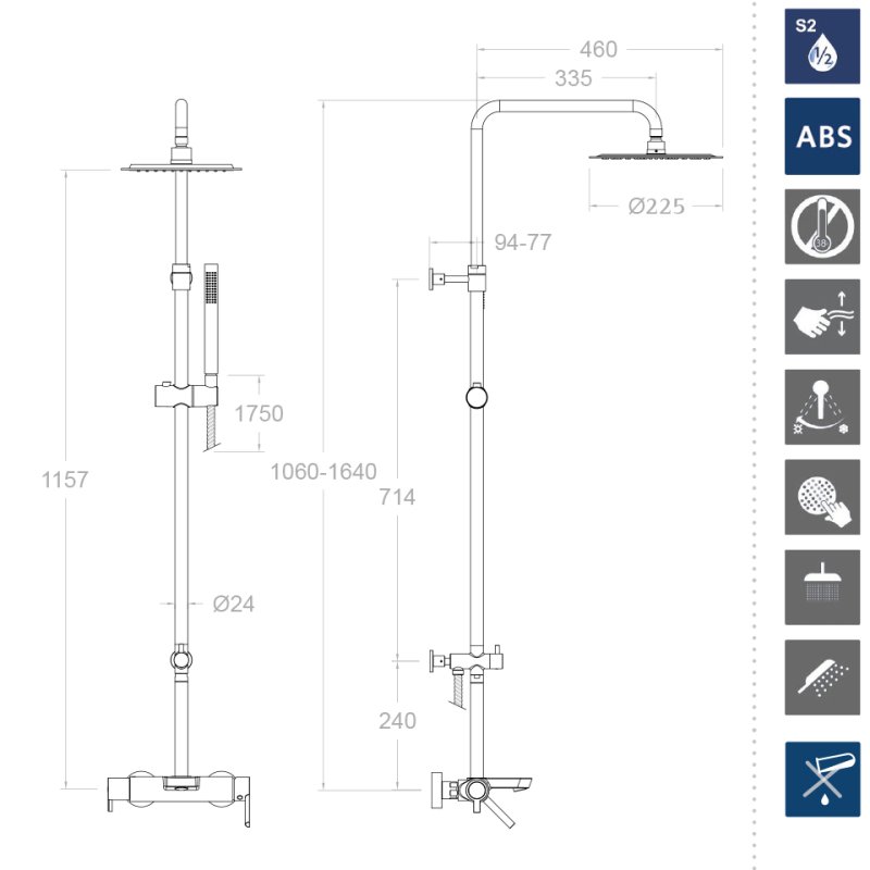 Душевая система наружнего монтажа с телескопическим тропическим душем, душевым комплектом и изливом DRAKO 335502RPK225