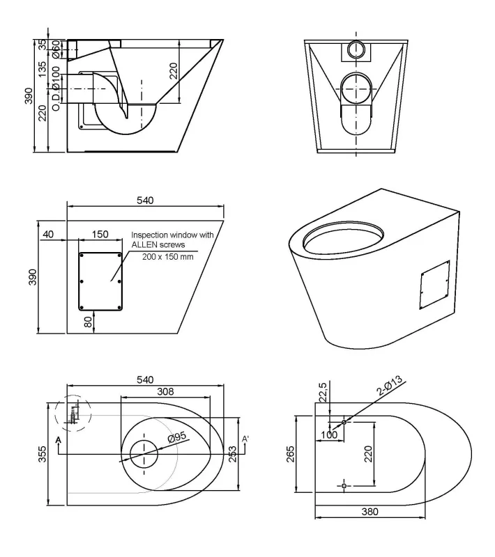 Унитаз из нержавеющей стали без сливного бака глянцевый Nofer 13012.B