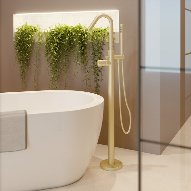 Напольный смеситель для ванны однорычажный с душевым комплектом TZAR 348503DOC золото брашированное