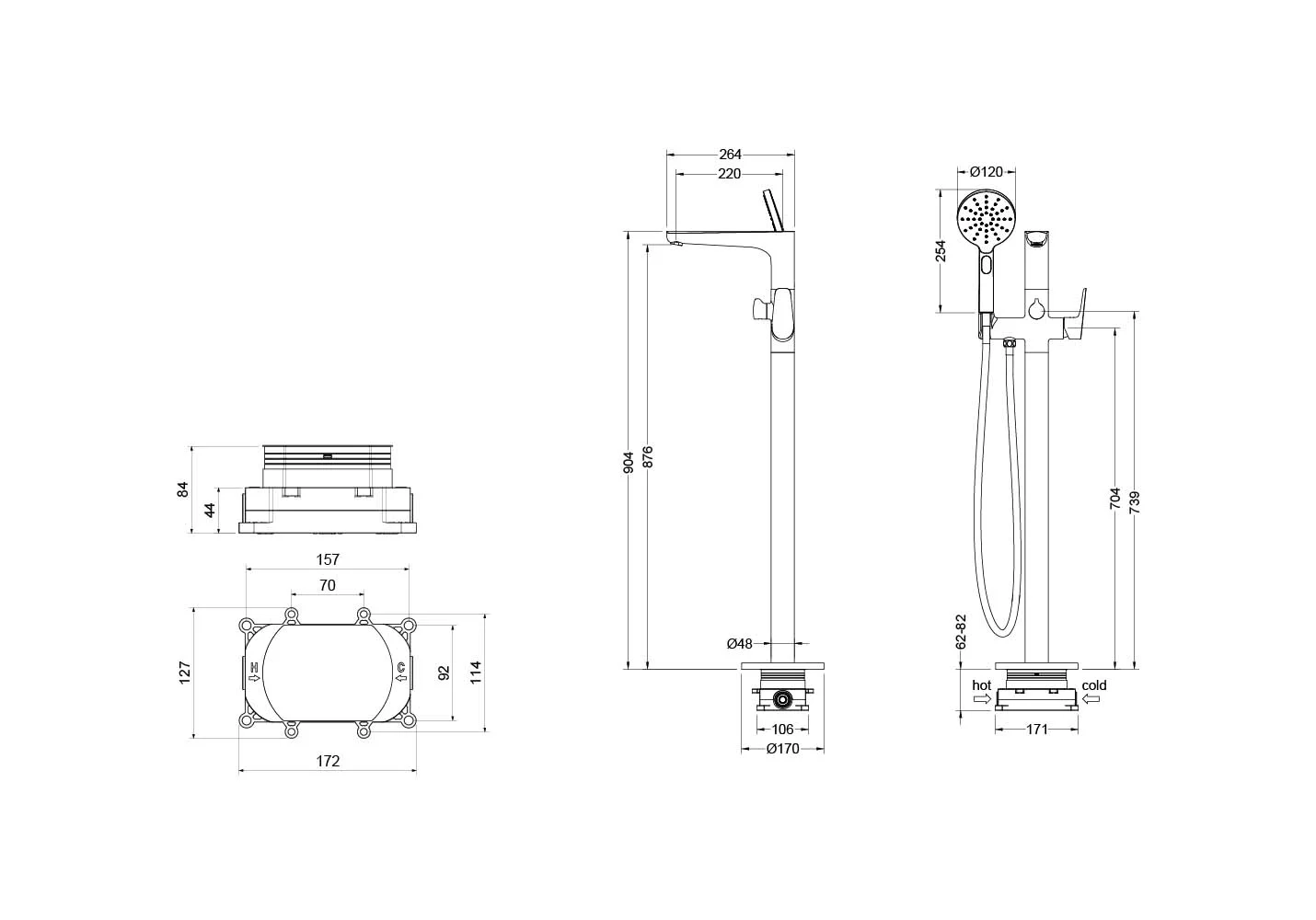 AQ1145BGM БЕТТА смеситель для ванны напольный (внешняя и скрытая часть), оружейная сталь