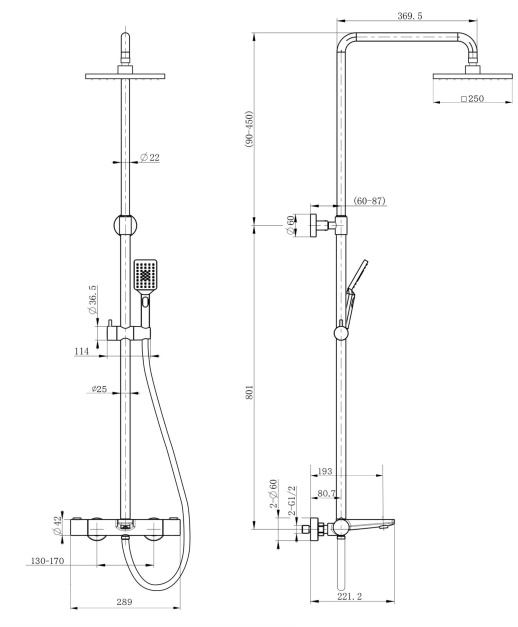 PAINI 09CR687THQ250F3Q80 Nove Душевая система с термоcтатом, фиксированный излив, квадр лейки, хром PAINI 09CR687THQ250F3Q80 Nove Душевая система с термоcтатом, фиксированный излив, квадр лейки, хром