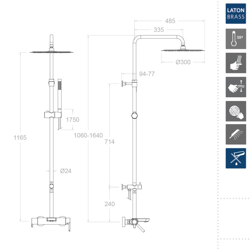 Душевая система наружнего монтажа с телескопическим тропическим душем и душевым комплектом DRAKO 3356RM300