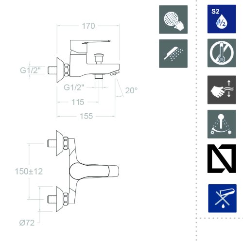 Смеситель для ванны наружнего монтажа однорычажный с душевым комплектом TITANIUM 1805VP