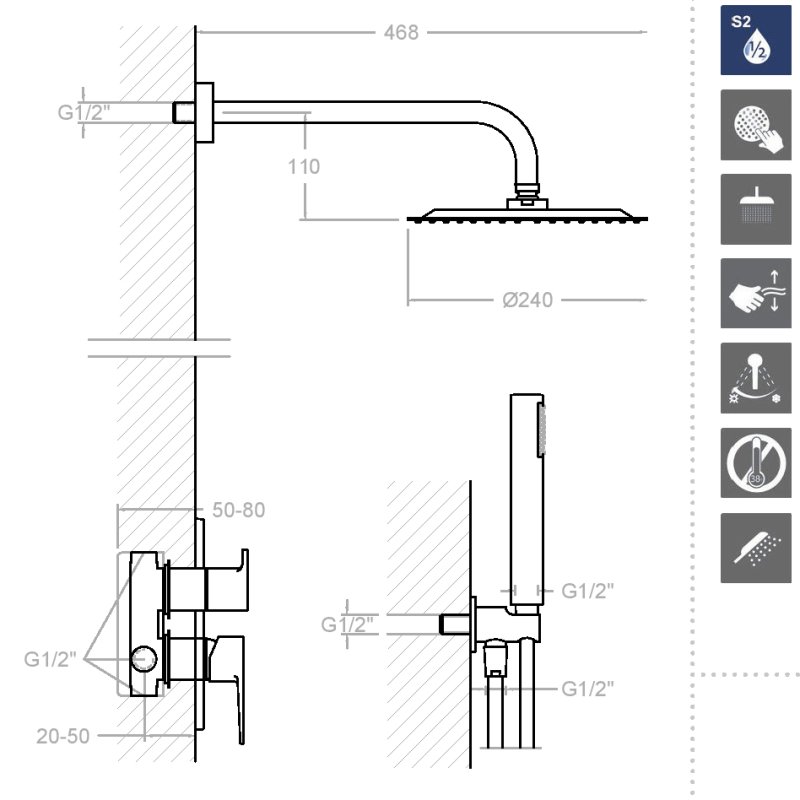 Встраиваемая душевая система с тропическим душем и душевым комплектом TITANIUM K1815021
