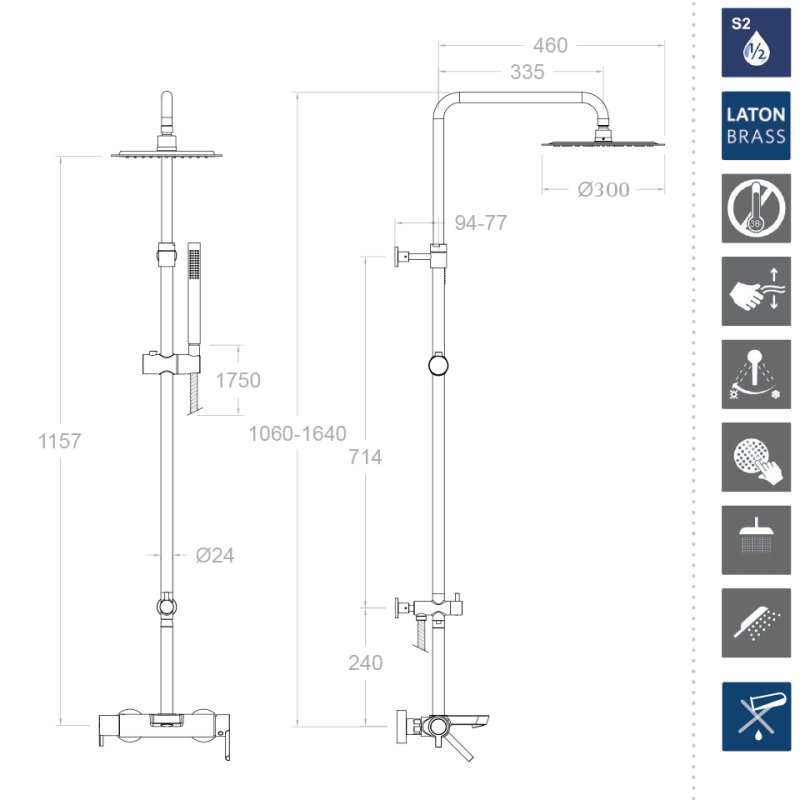Душевая система наружнего монтажа с телескопическим тропическим душем, душевым комплектом и изливом DRAKO 335502RM300