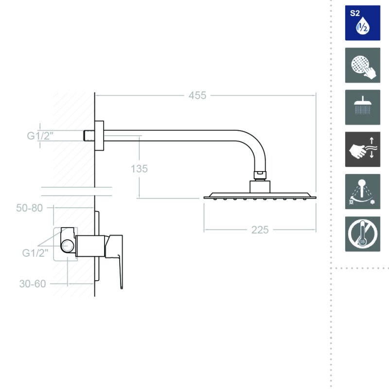 Встраиваемая душевая система с тропическим душем TITANIUM K1818014