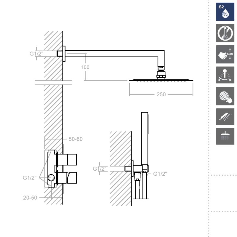 Встраиваемая душевая система с тропическим душем и душевым комплектом KUATRO K4715021