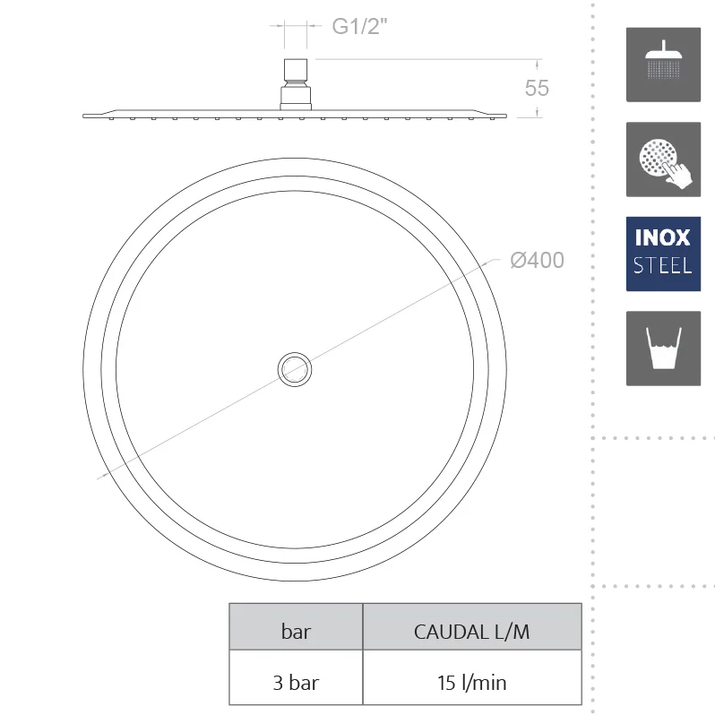 Лейка тропического душа из нержавеющей стали HIDROTERAPIA 400 мм RM400 Лейка тропического душа из нержавеющей стали HIDROTERAPIA 400 мм RM400