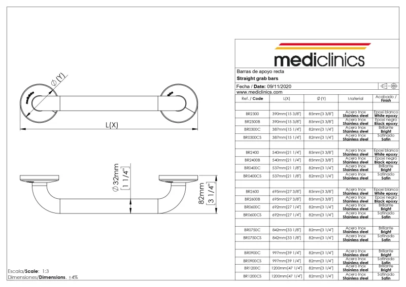 Поручень прямой 1200мм металл матовая сталь Mediclinics BR1200CS