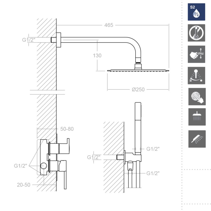 Встраиваемая душевая система с тропическим душем и душевым комплектом DRAKO K3315021