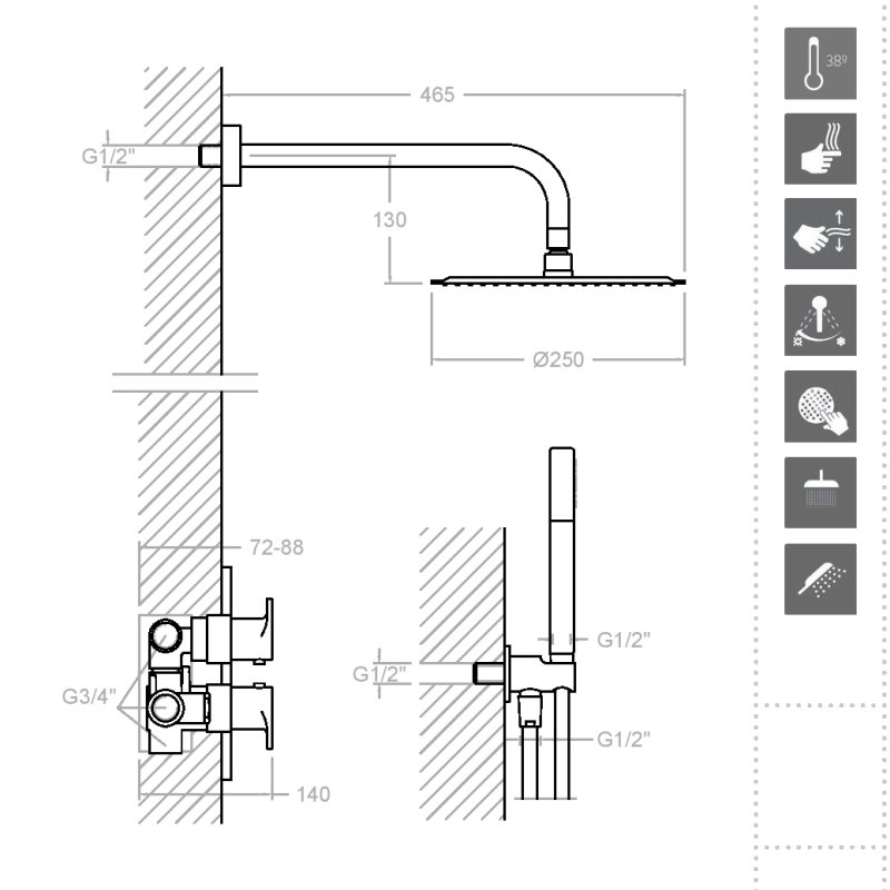 Встраиваемая термостатическая душевая система с тропическим душем и душевым комплектом TZAR K3487011