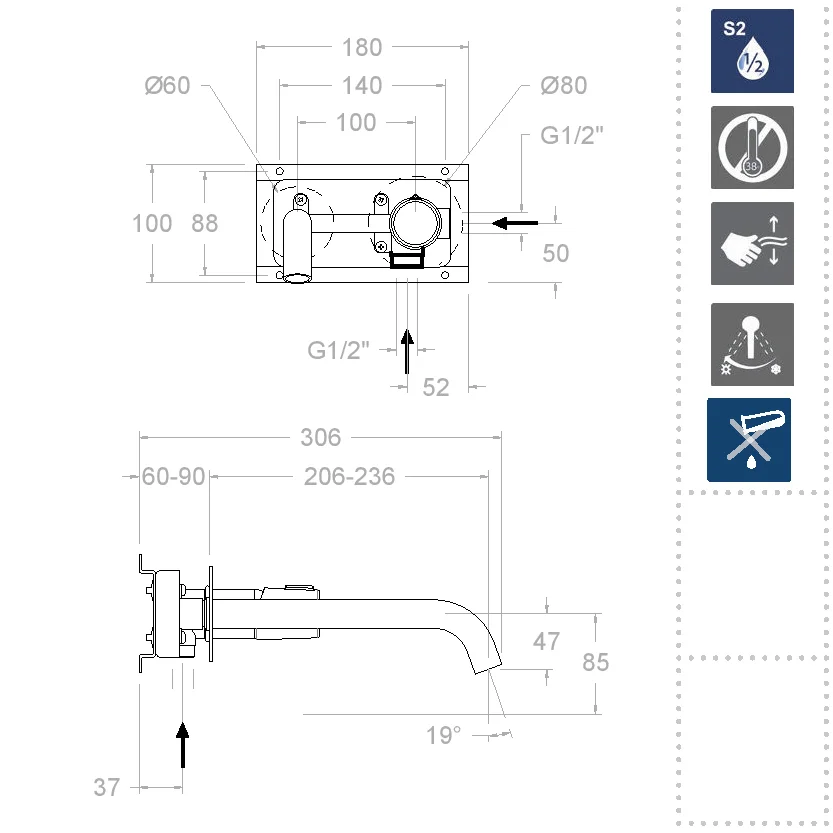 Встраиваемый однорычажный смеситель для раковины на раздельных пластинах с длинным изливом 240 мм TZAR 342103NM Черный