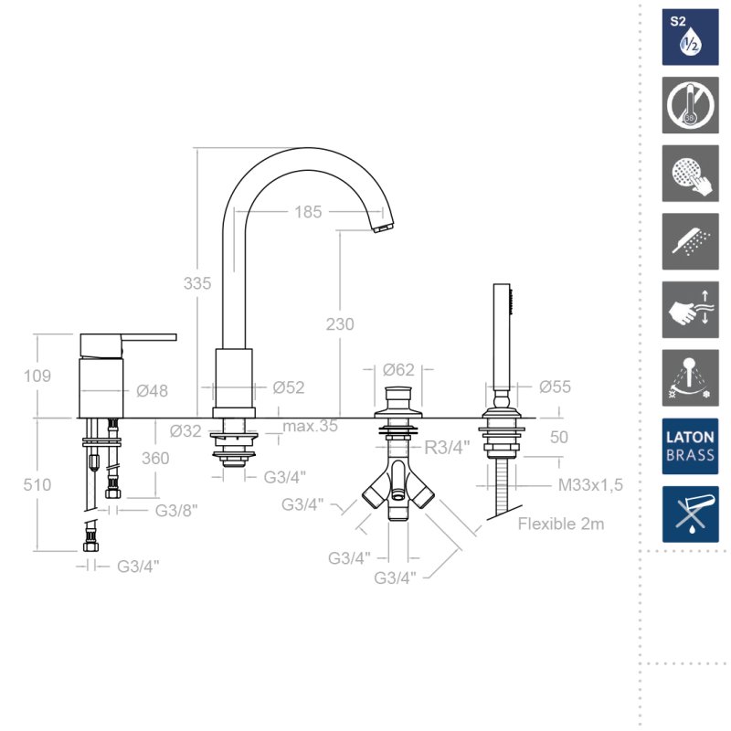 Смеситель однорычажный на борт ванны с душевым комплектом и изливом DRAKO 333302M