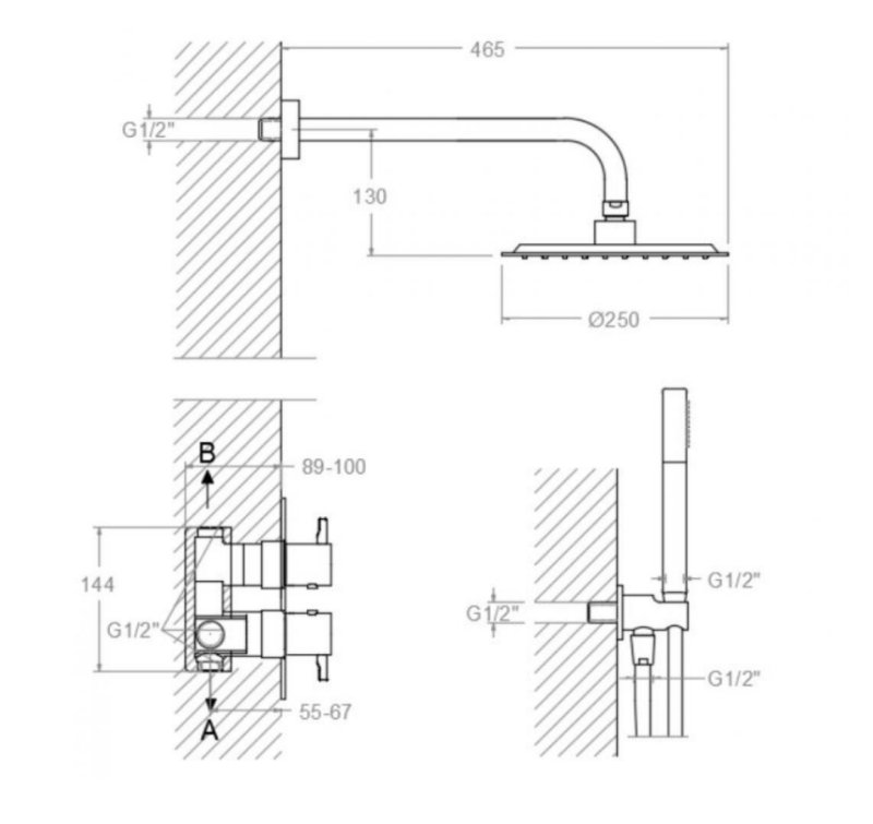 Встраиваемая термостатическая душевая система с тропическим душем и душевым комплектом ODISEA K3987021OC золото брашированное