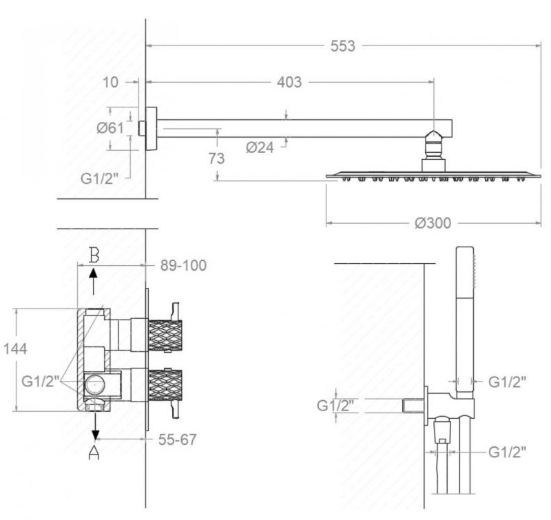 Встраиваемый термостат. смеситель для душа на 2 выхода с троп. и руч. душем ODISEA JOYA K5987022