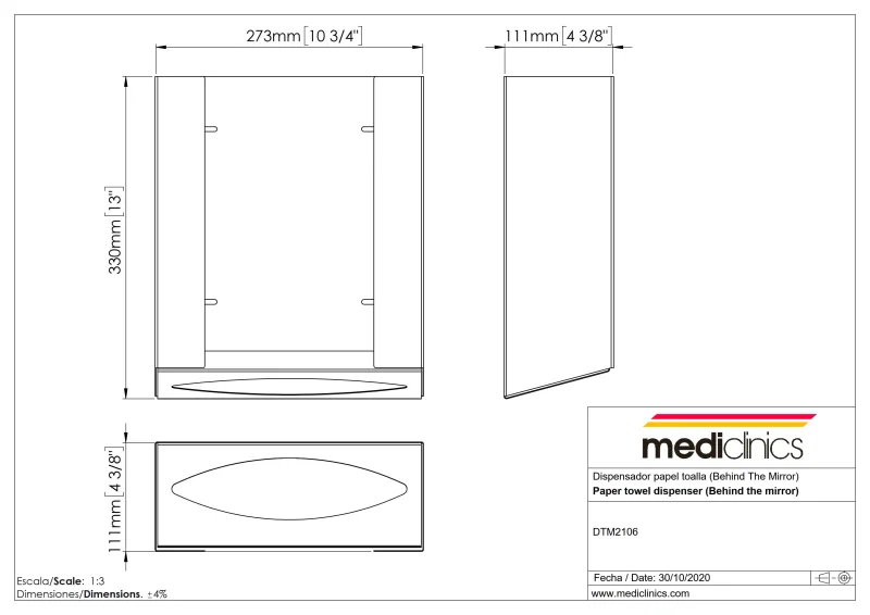Диспенсер для бумажных полотенец, устанавливаемый за зеркалом Mediclinics DTM2106