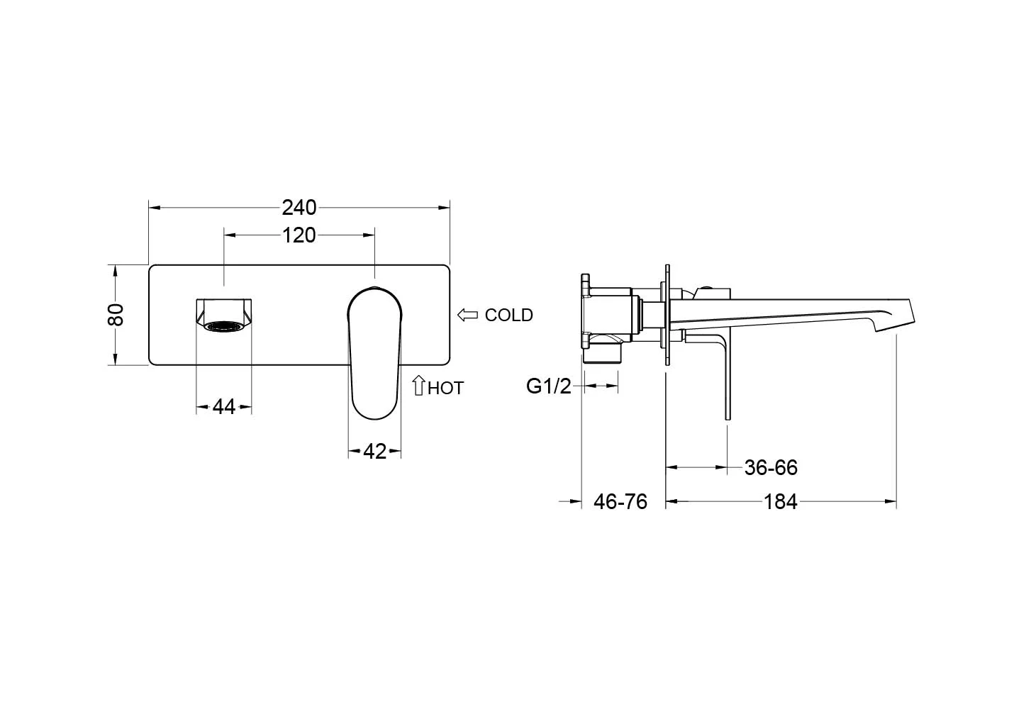 Смеситель для раковины настенный (внешняя и скрытая часть) AQUATEK, матовый черный AQ1213MB ОБЕРОН