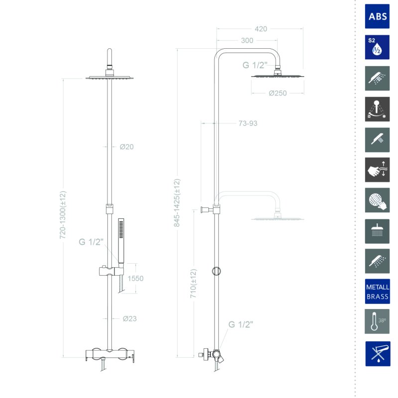 Душевая система наружнего монтажа с телескопическим тропическим душем и душевым комплектом BLAUTHERM 9374RM250