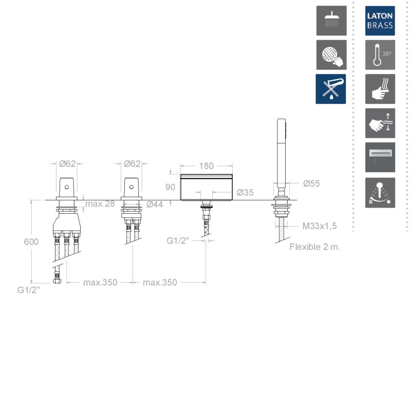 Термостатический смеситель на борт ванны однорычажный с каскадным изливом и душевым комлектом TZAR 343303TM