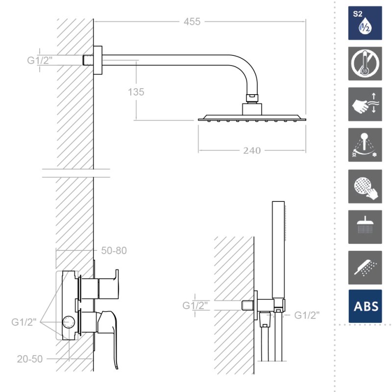 Встраиваемая душевая система с тропическим душем и душевым комплектом YPSILON PLUS K6415021