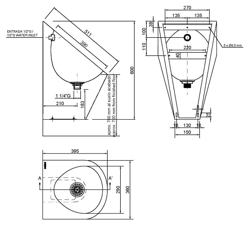 Писсуар из нержавеющей стали глянцевый 600х360х395. Nofer 13004.B
