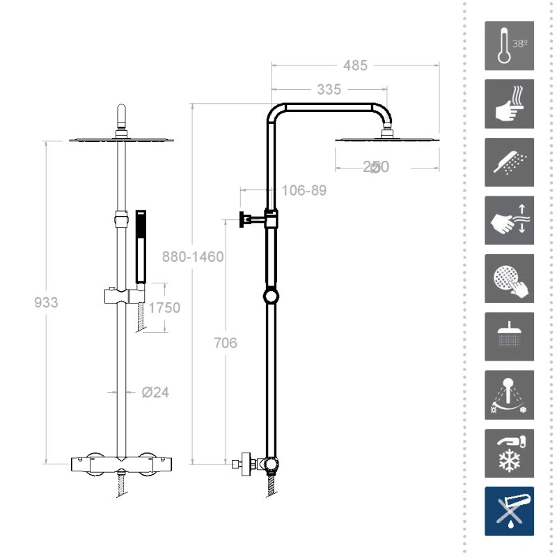 Душевая термостатическая система наружнего монтажа с телескопическим тропическим душем и душевым комплектом TZAR 345401RM250NC никель брашированный