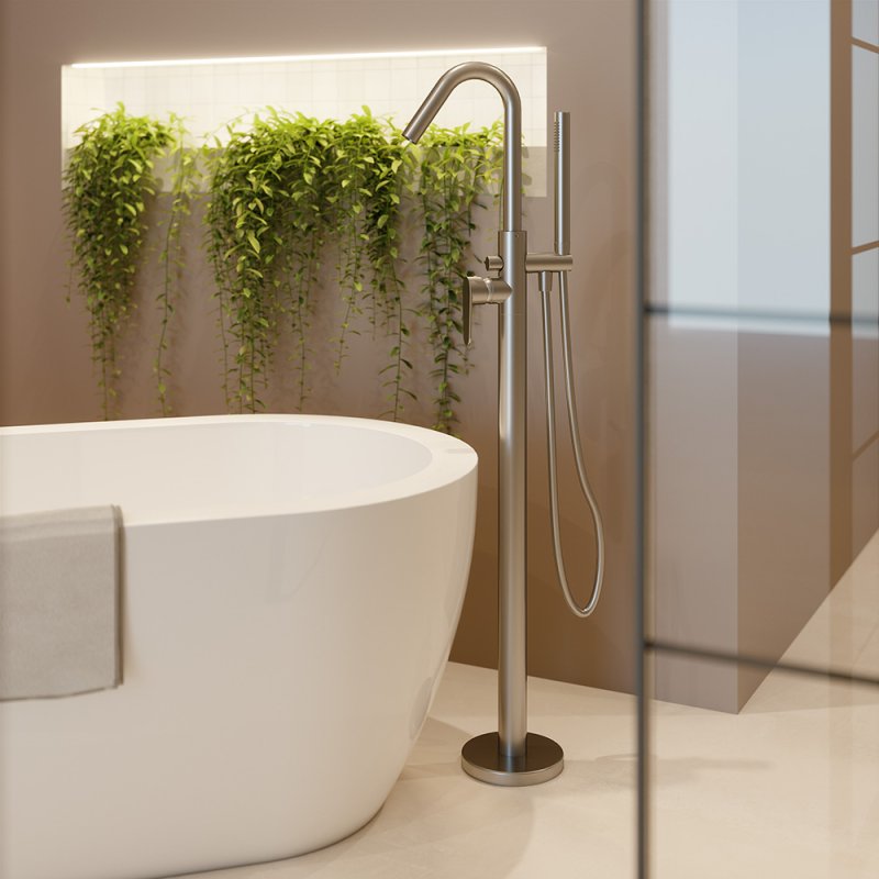 Напольный смеситель для ванны однорычажный с душевым комплектом ALEXIA 368503DNC никель брашированный