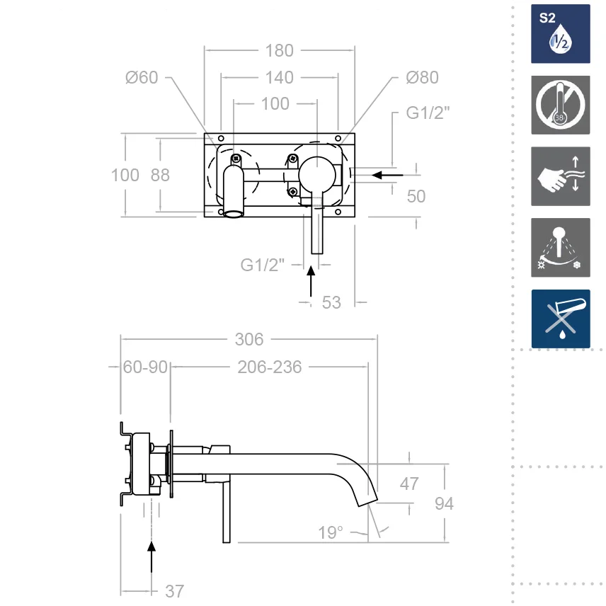 Встраиваемый однорычажный смеситель для раковины на раздельных пластинах с длинным изливом 240 мм DRAKO 332103