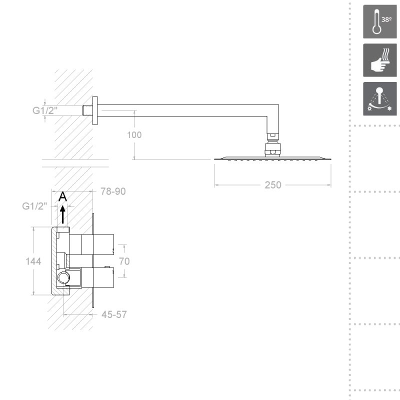 Встраиваемая термостатическая душевая система с тропическим душем  KUATRO K4724012